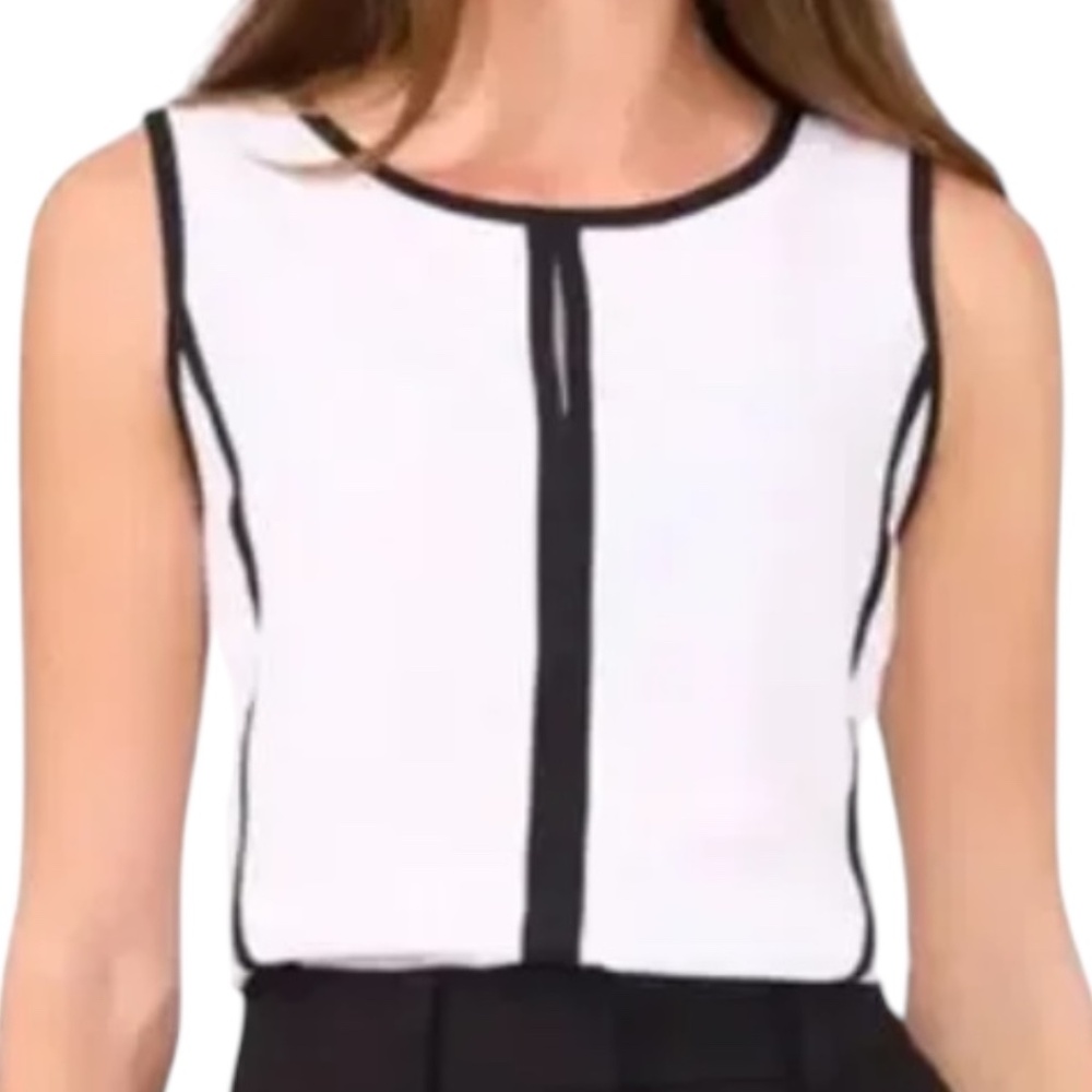 HALOGEN Tipped Sleeveless Top Bright White Jewel Neck Keyhole Blouse Size L - Picture 1 of 9